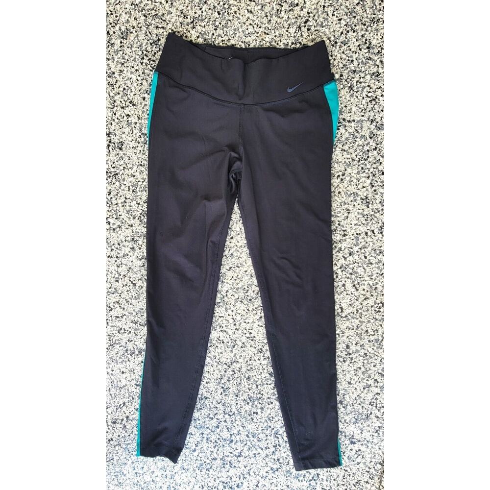 Nike Dri-Fit Black Leggings Green Side Stripe Women M Stretch